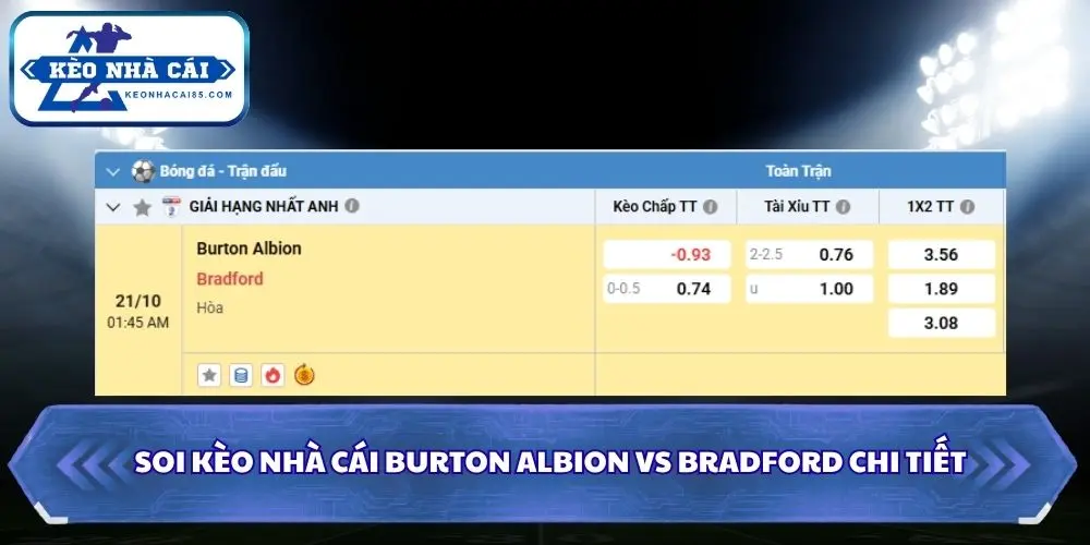 Soi kèo nhà cái Burton Albion vs Bradford qua bảng kèo chi tiết